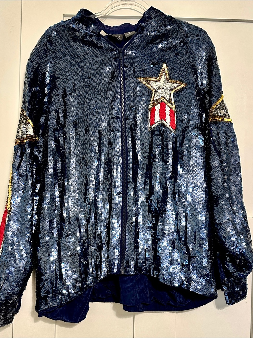 Vintage 1980s Modi Full Sequin Navy Bomber Jacket with USA Flag and Star Detail